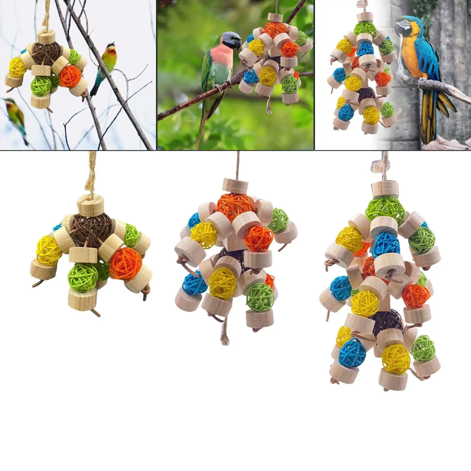 Multicolored Rattan Balls Bird Block Knots Tearing Toy Wood Hanging Natural Parrot Chewing Toy for Canary Gift Entertainment