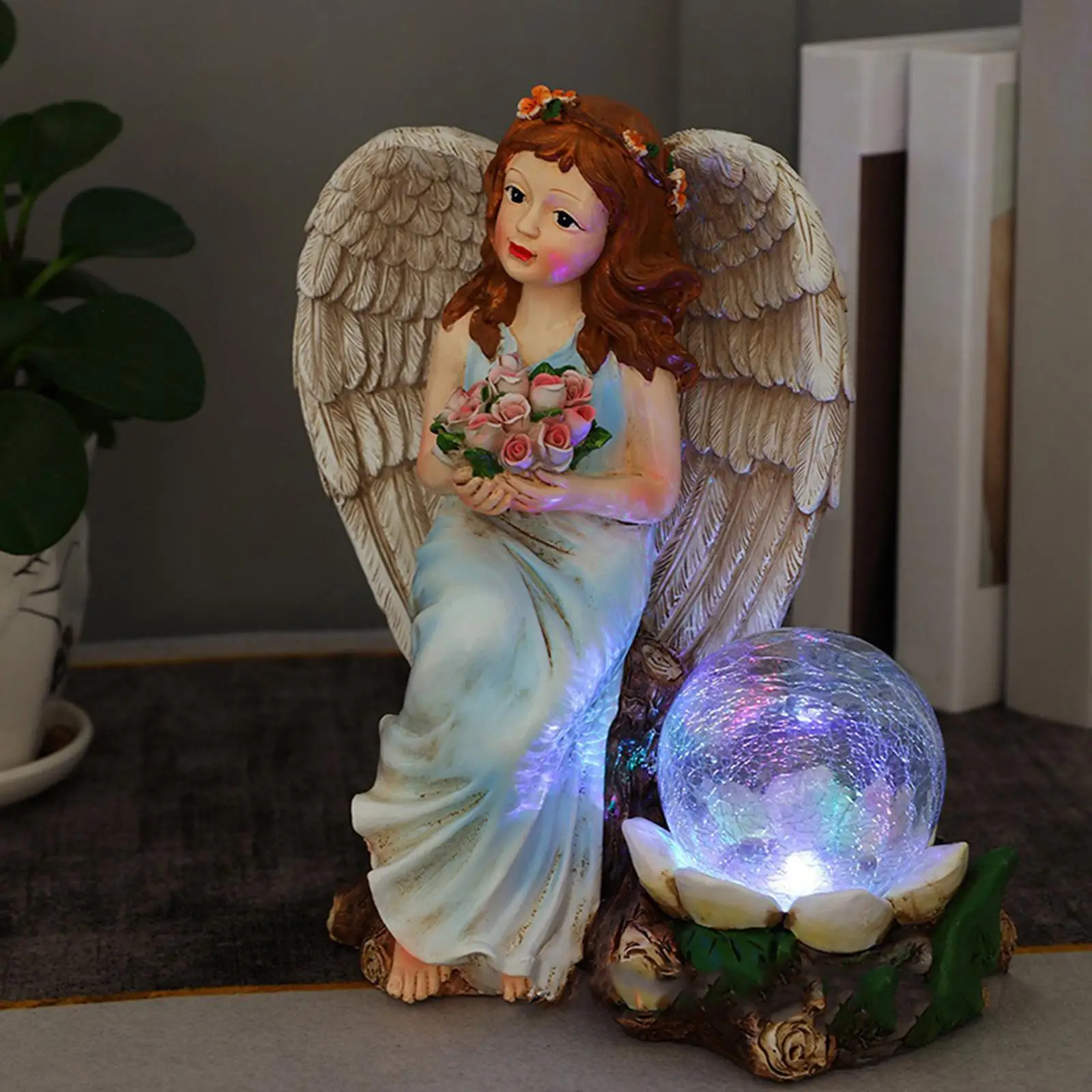 Creative Angel Figurine Resin Statue Craft Solar Lamp LED Light Artwork for Tabletop Yard Living Room Decoration Ornament