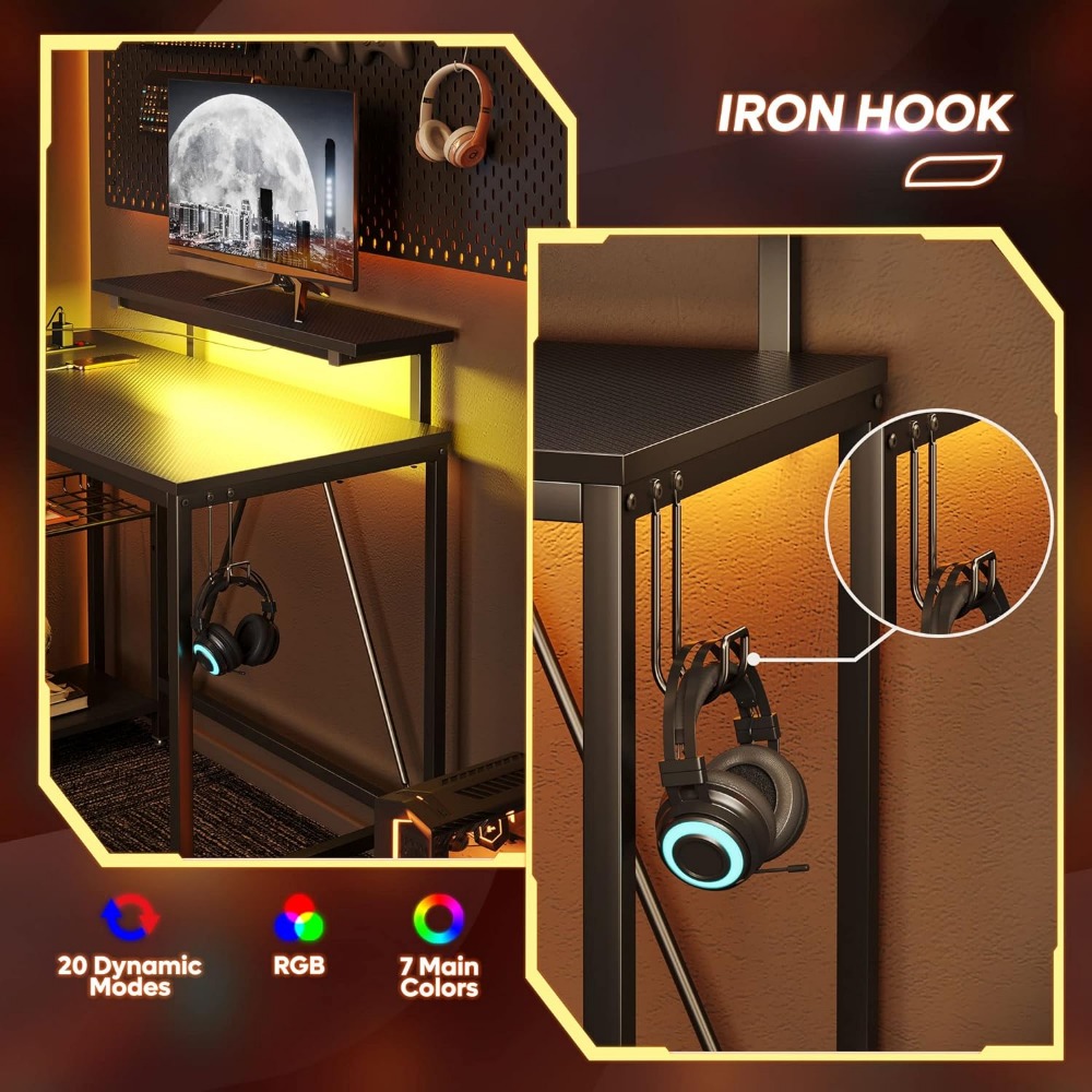 Description Picture 6 of itemSmall Gaming Desk With Power Outlets 42 L Shaped LED Computer Desk With Monitor Stand Reversible Storage Shelves Furniture Desks