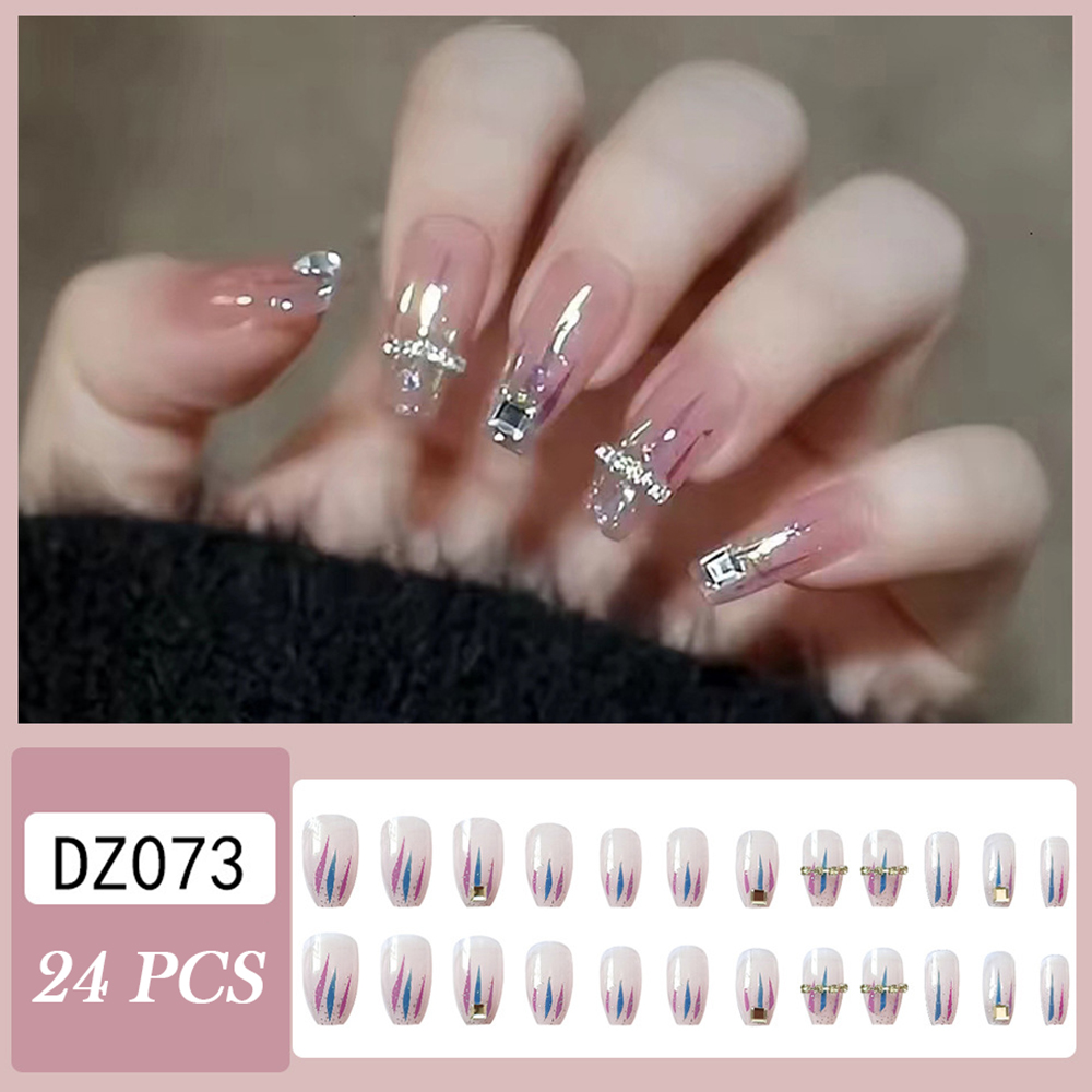 Uñas postizas de 24 piezas, diseño de cadena de cristal a rayas púrpuras,  Uñas postizas con acabado completo para mujeres y niñas, puntas de uñas  acrílicas de Ballet| | - AliExpress