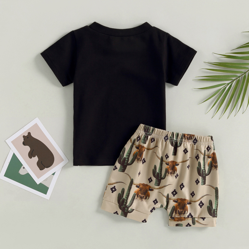 Kid Boy Pants Suit Short Sleeve Round Neck Letters Print Tops Drawstring Short Pants