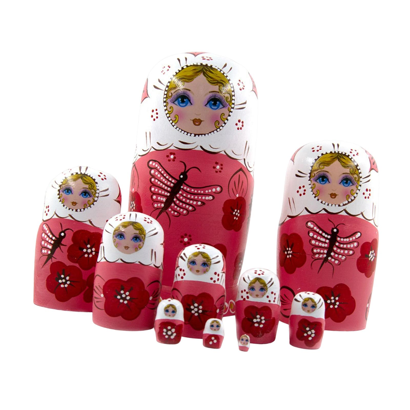 Russian Girls Nesting Dolls Matryoshka Stacking Toy Pink Dragonfly 10 Layers