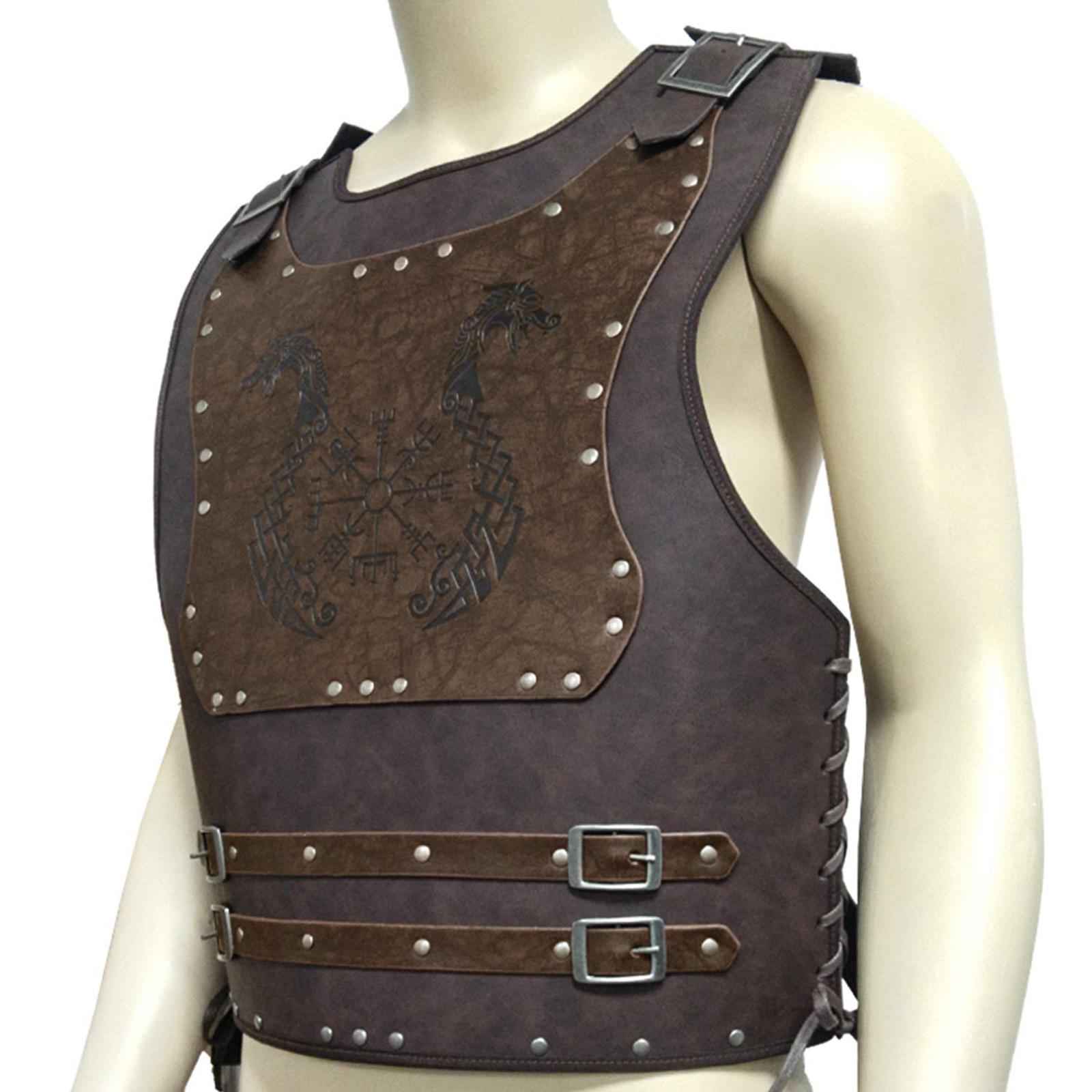 Adjustable Viking Warrior Armor Embossed Viking Costume PU Leather Knight Vest Chest Armor for Cosplay Larp Party Halloween