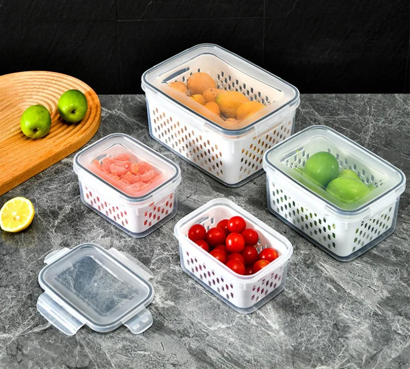 Refrigerator Preservation Box Transparent Double-Layer Vegetable And Fruit Food Grade Drain Box Set Of 3