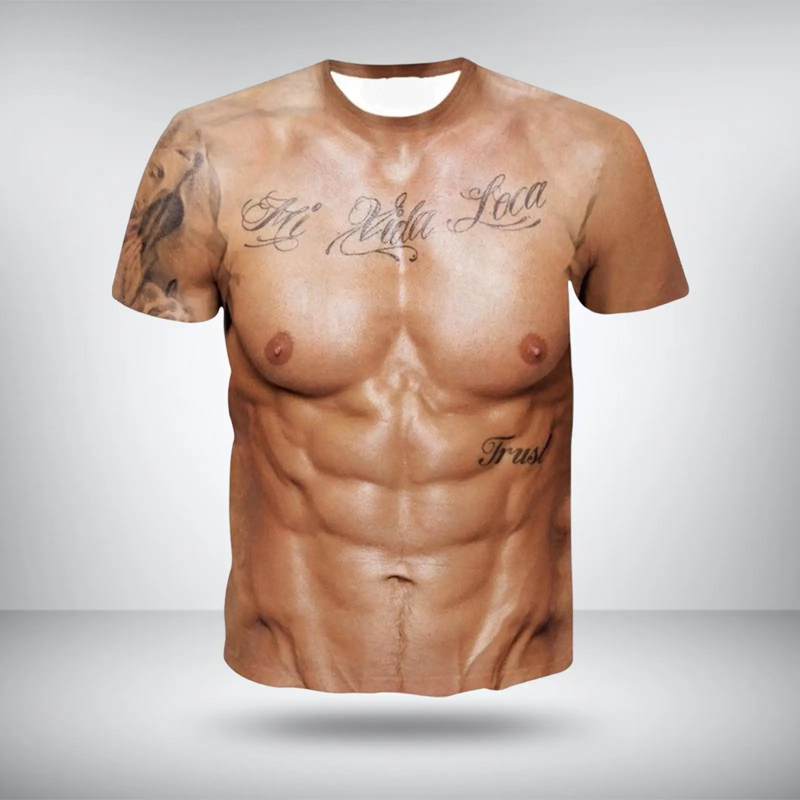 Funny 3D Muscle Printed Men's Short Sleeve Tattoo Print Casual Body Print Summer Tees T Shirt Short Sleeved Shirt