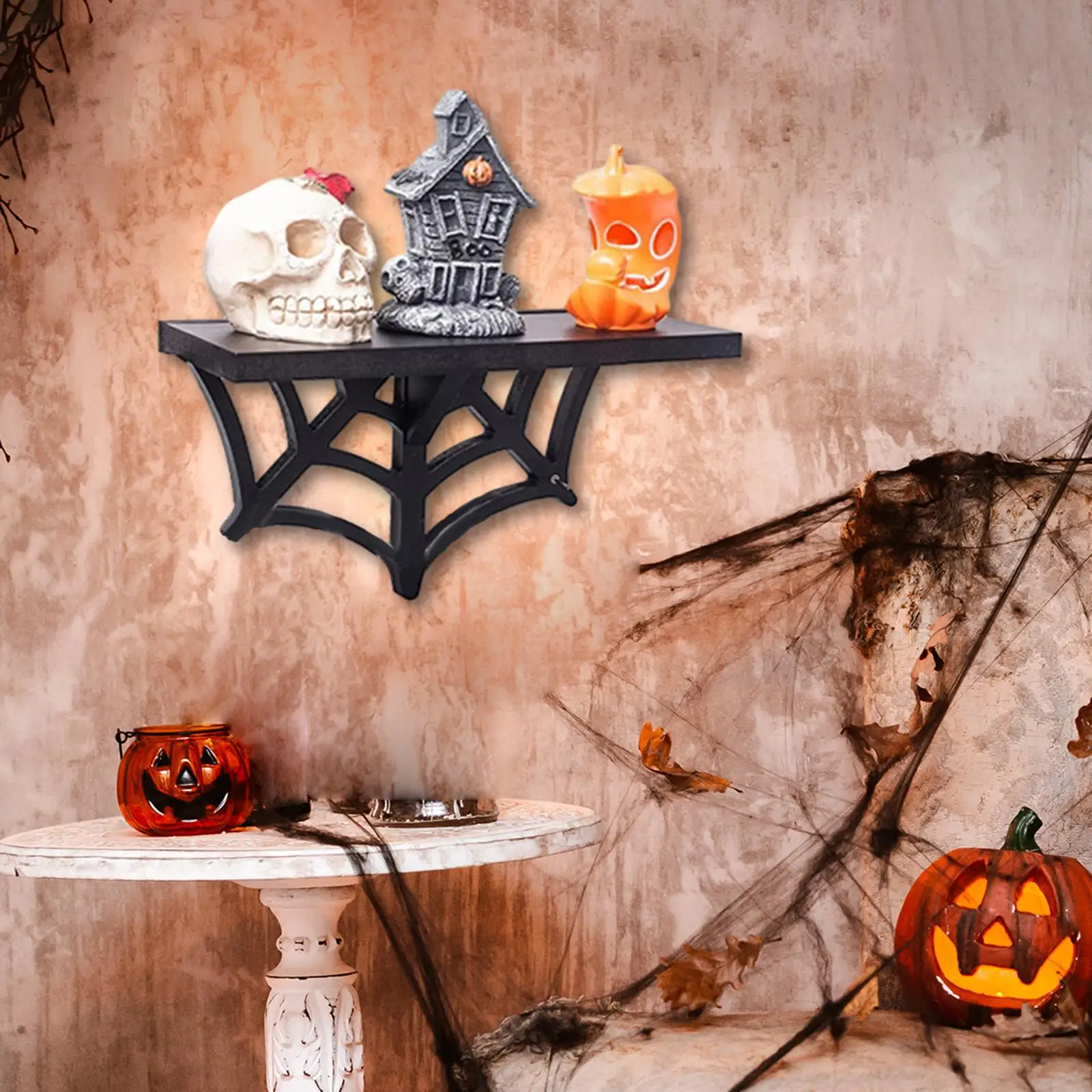 Wall Mounted Floating Shelves Black Halloween Ornament Durable Gothic Web