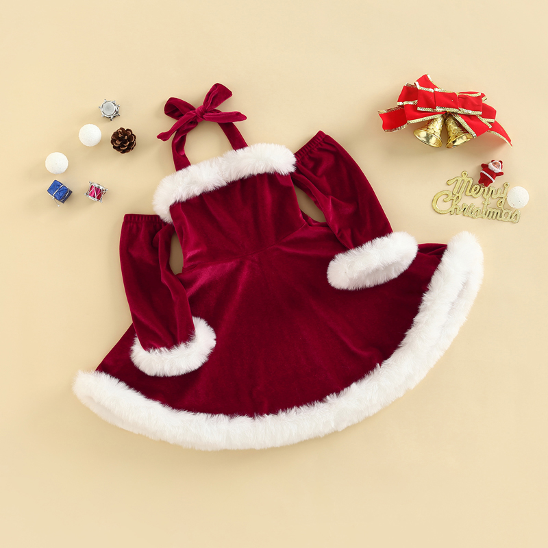 FOCUSNORM 1-5Y Kinder Mädchen Weihnachten Samt Kleid Langarm Off Schulter Schnürung Neckholder Backless Urlaub Kleid – Detail 2