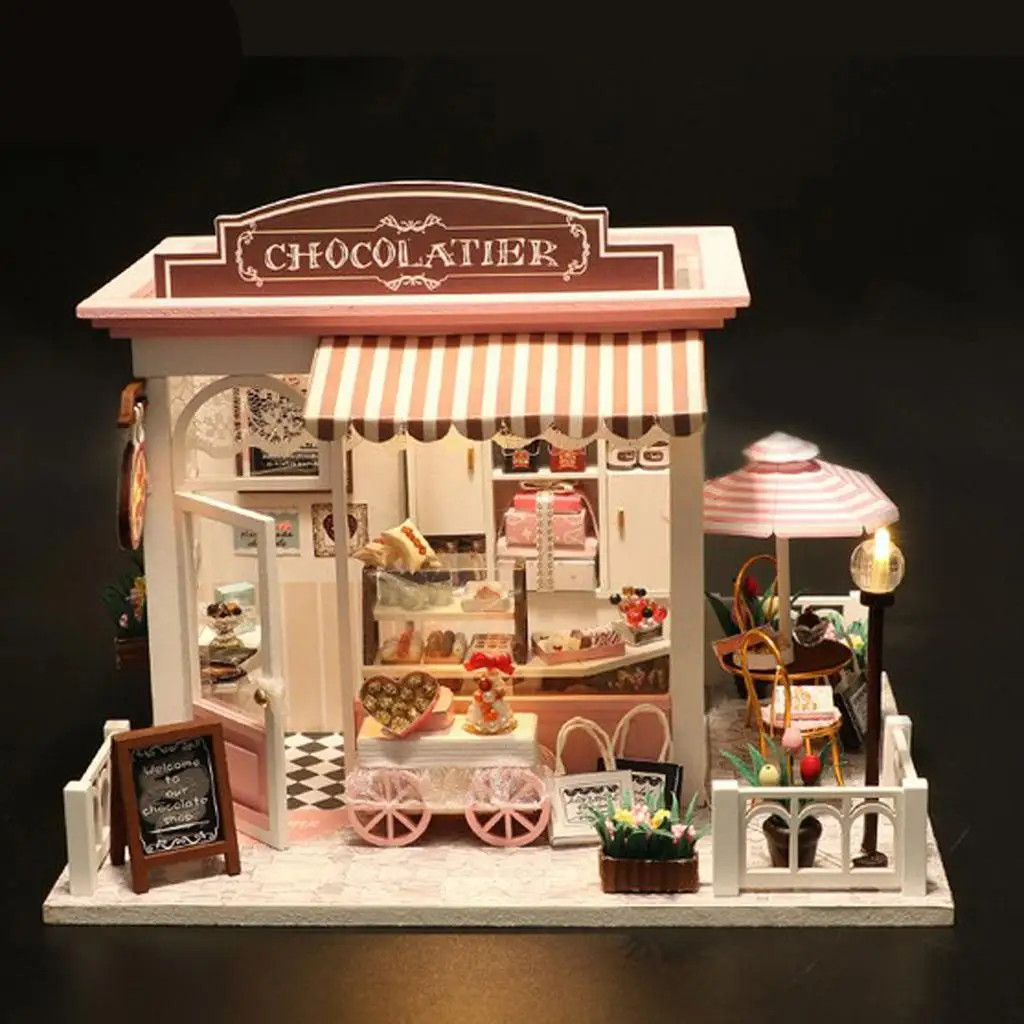 Cute DIY Wooden Dollhouse Miniature Fantastic Chocolate House Model LED Light