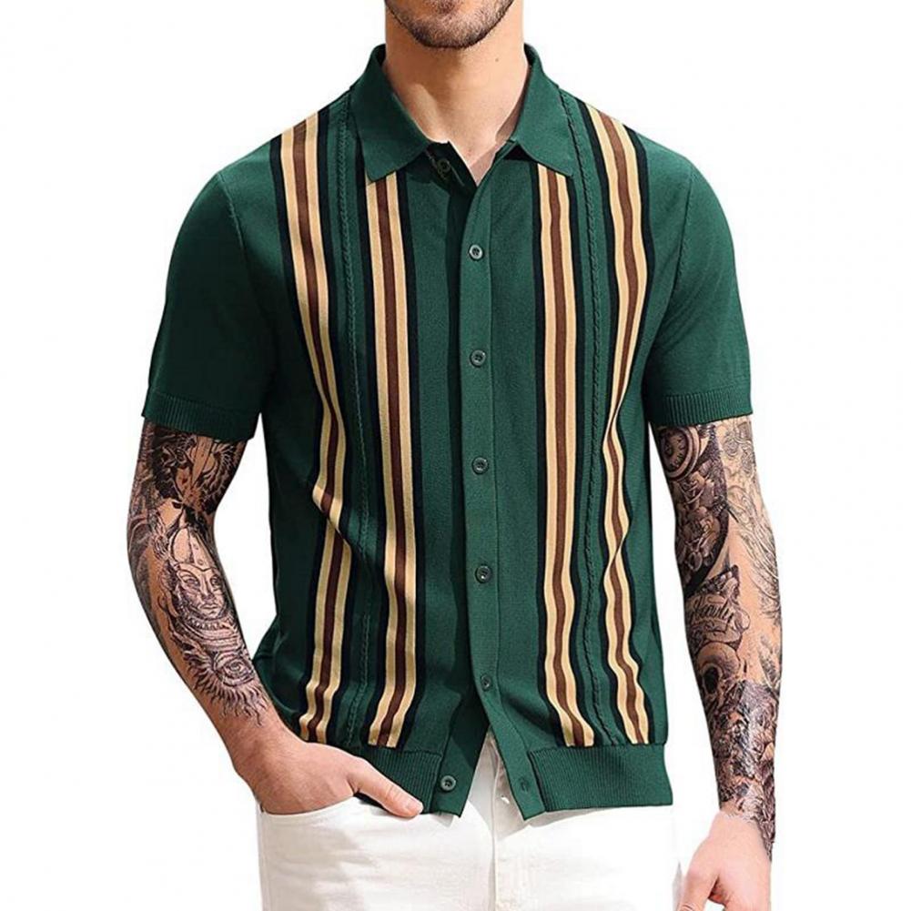 Men's Summer Knitted Shirt Contrast Color Single breasted Short Sleeve Stripe Print Knitted Summer Tops Male Clothes 15 S9a19e2c1cafe483a922b40fdadc0e069A