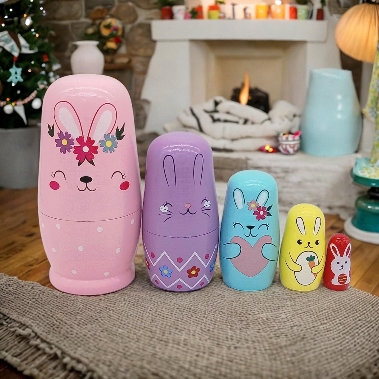 Rabbit Nesting Dolls Russian Stacking Toy Wood Matryoshka Durable Colorful Handpainted Home Decoration Russian Nesting Dolls Set