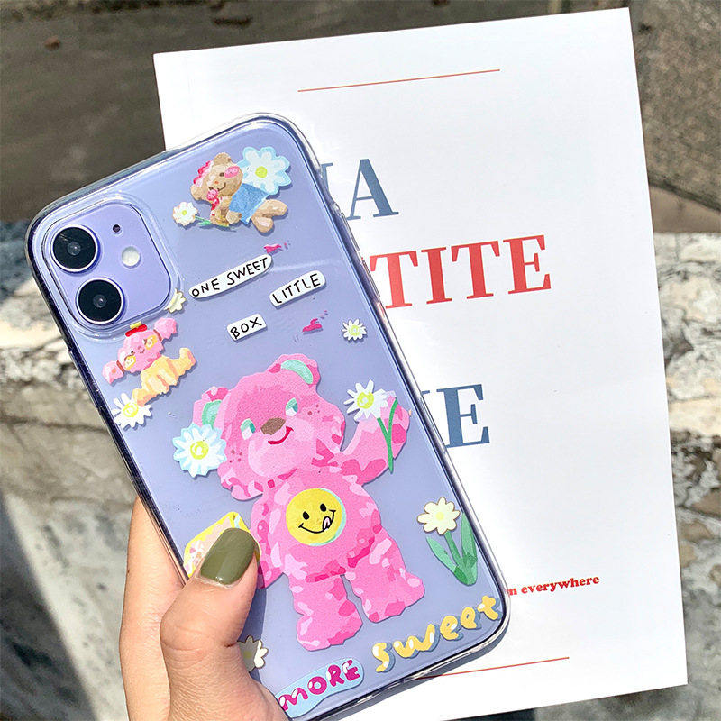 Cute oil painting flower bear Phone Case For iPhone 13 11 12 Pro Max 7 8 Plus 12 mini X XR XS Max Cartoon transparent Soft Cover iphone 13 mini flip case