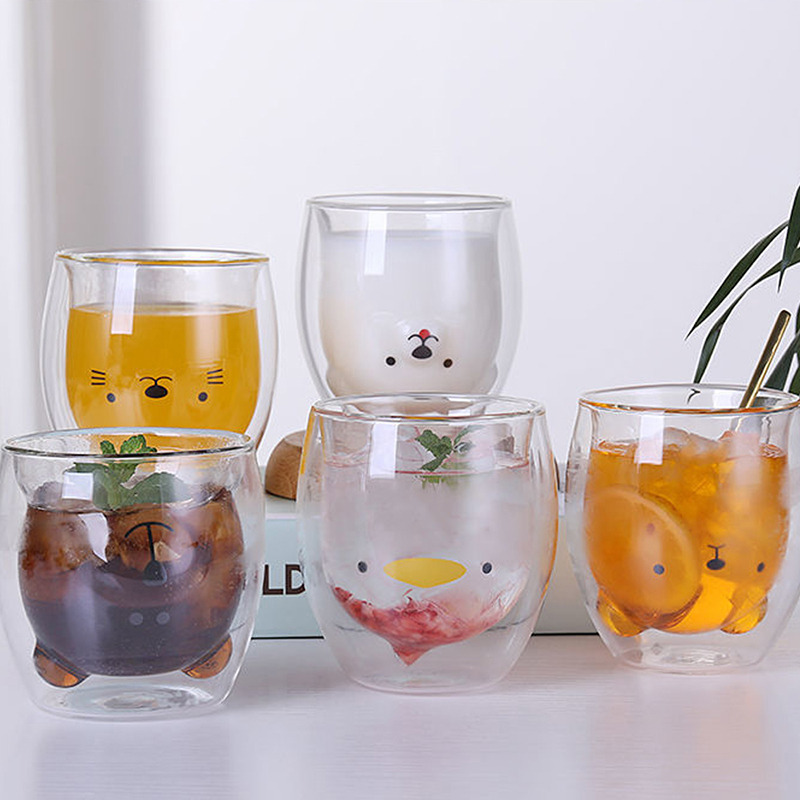 Description Picture 2 of itemDouble Glass Cup Bear Cat Dog Animal Coffee Mug Transparent Cartoon Milk Juice Tea Drinking Cups Drinkware Party Wine Glasses