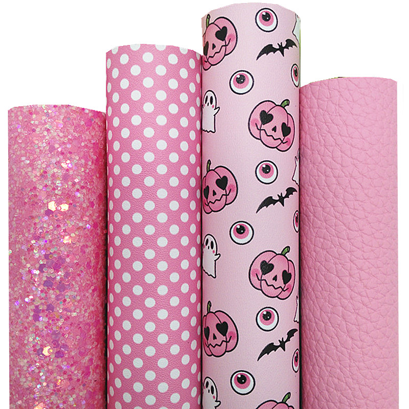 Description Picture 2 of itemPink Chunky Glitter Leather Sheets Pumpkins Dots Printed Synthetic Leather Fabric Litchi Faux Leather For Bow DIY 21x29CM Q1448