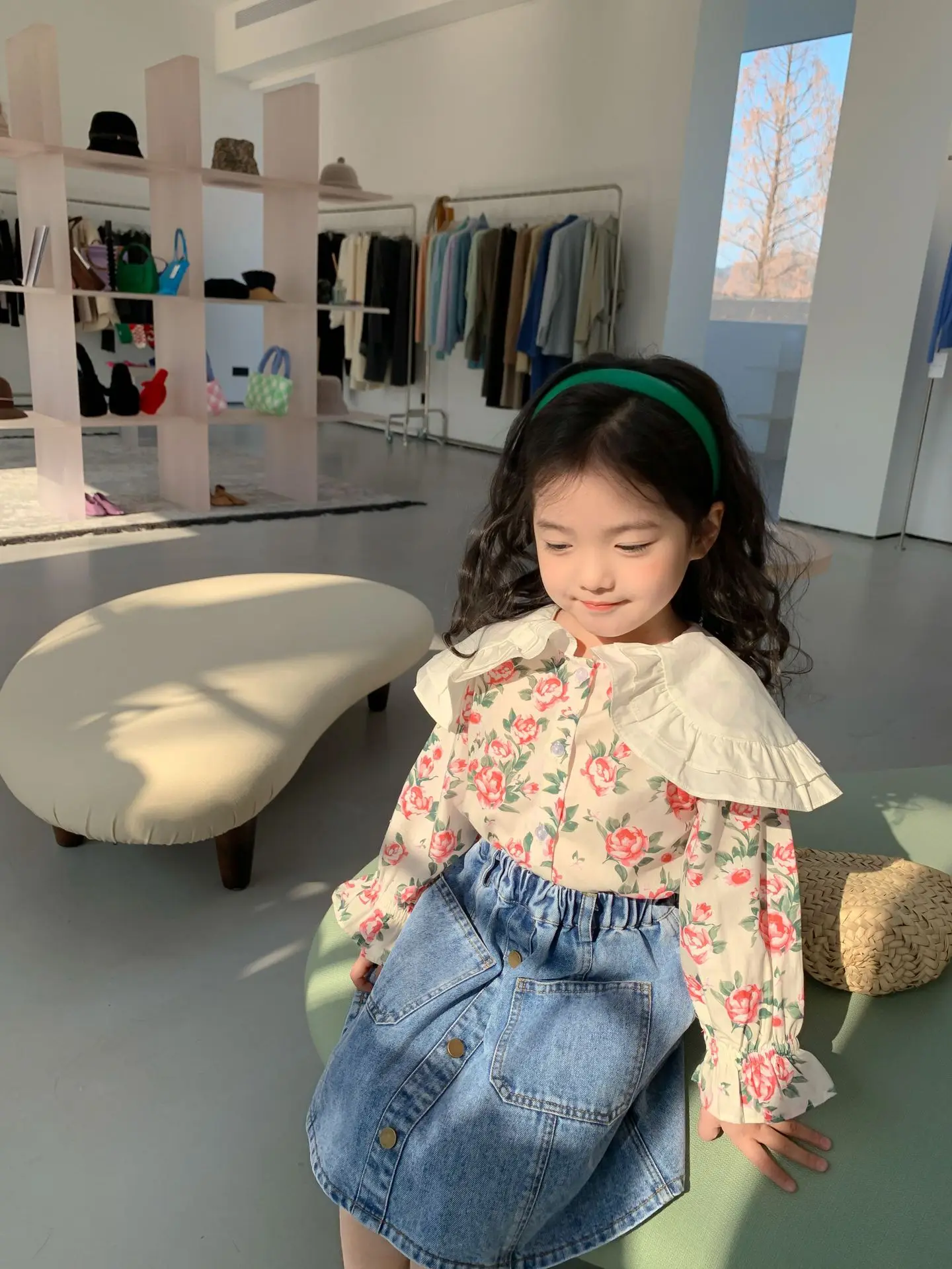 2022 Spring New Children Shawl Floral Shirt Denim Skirt Baby Girls Korean Sweet Suit boy kid suit