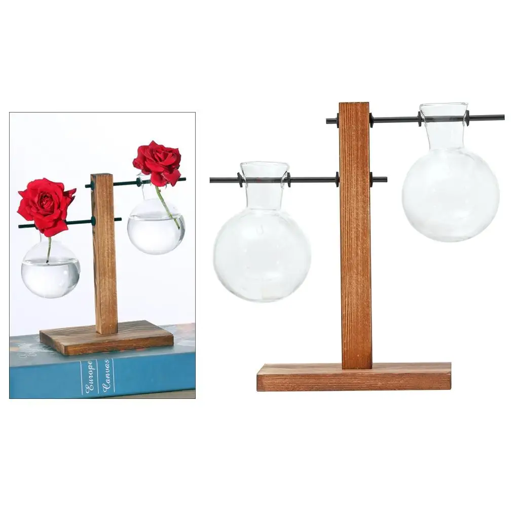Desktop Clear Glass Planter Bulb Vase with Retro Solid Wooden Stand