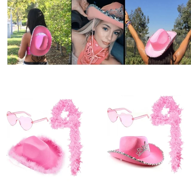 Pink Cowboy Hat with Feather Boas Glasses Set Heart Shaped Sunglasses Long  Feather Boas for Dancing Halloween Party - AliExpress