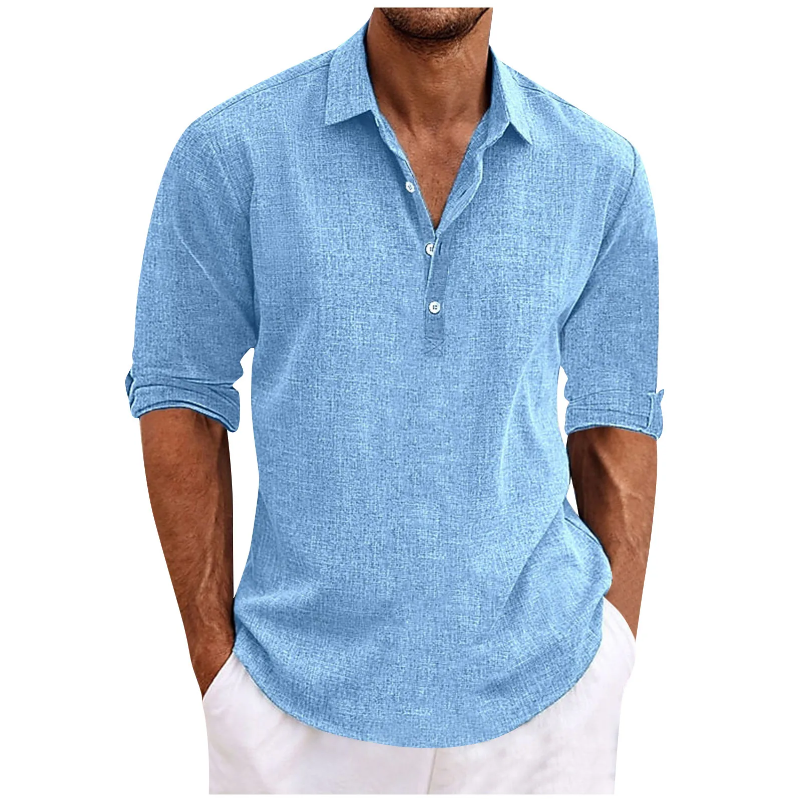 Camisa holgada de manga larga para hombre, ropa informal Vintage de algodón y lino, Color sólido