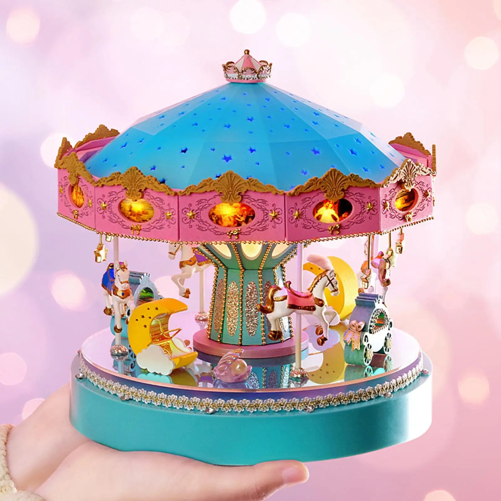 Wooden Miniature Fantasy Carousel Kit Dollhouse Table Decoration Little House