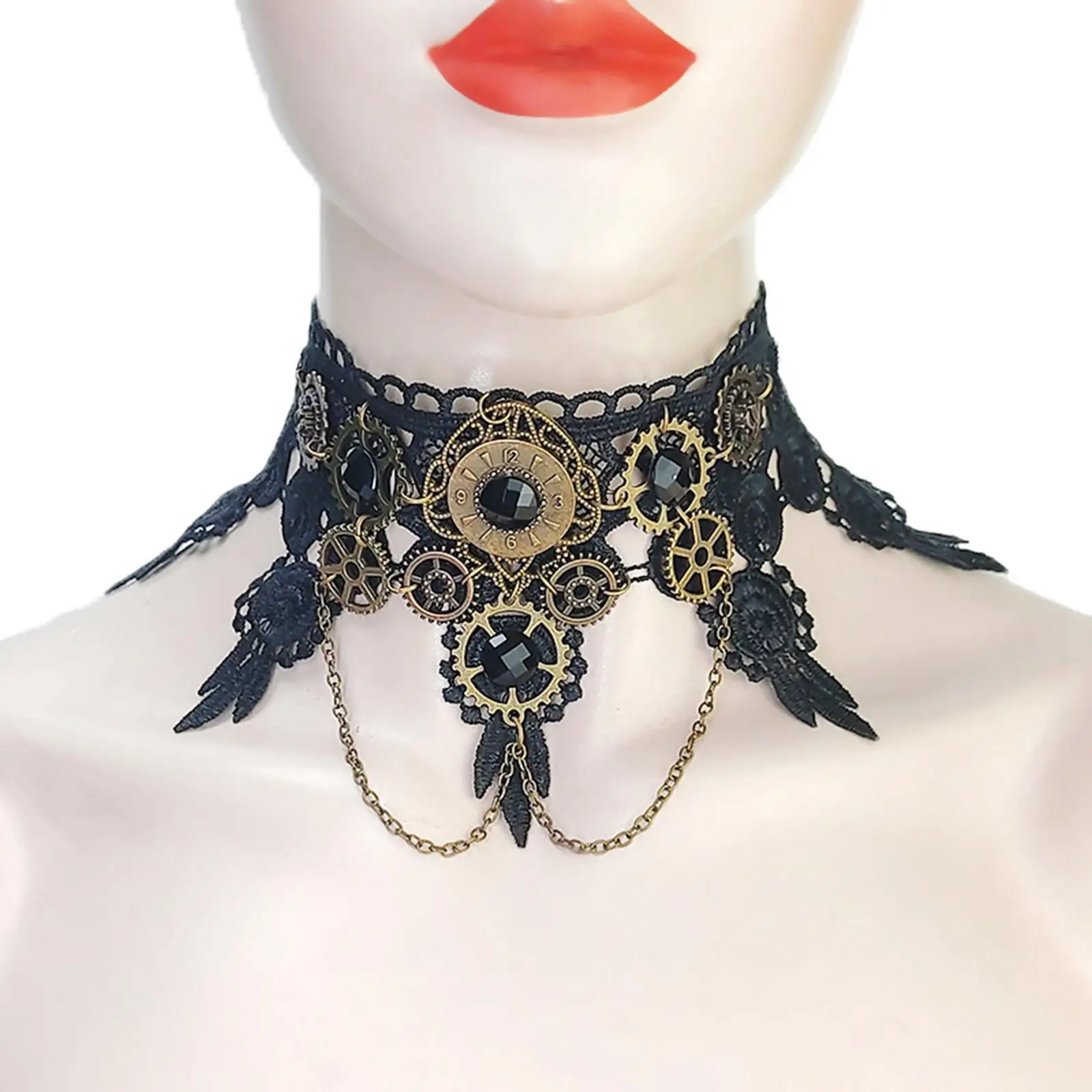 Black Lace Gothic Choker Necklace, Punk  Elegant Gear Pendant, for Wedding Party Halloween Costume Cosplay Women Girls.