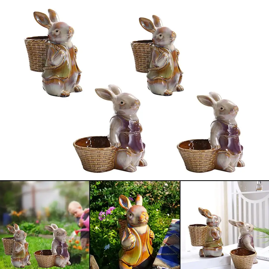 Bunnies Garden Rabbit Figurines Easter Bunny with the Basket Statue Micro Landscape Decoration Plant Flower Pots Ornaments