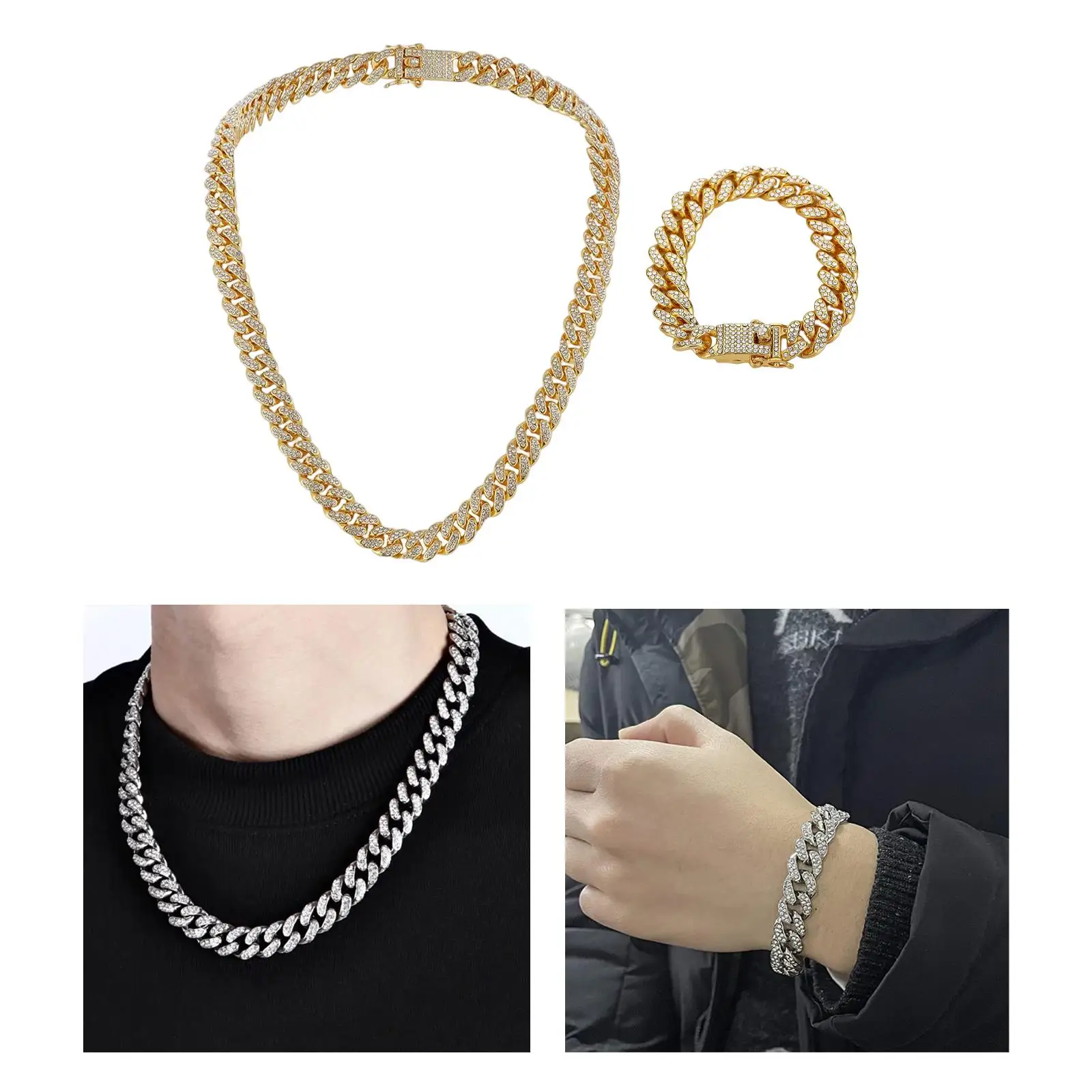 Mens Cuban Chain Hip Hop Jewelry Necklace Bracelet Clasp Chain