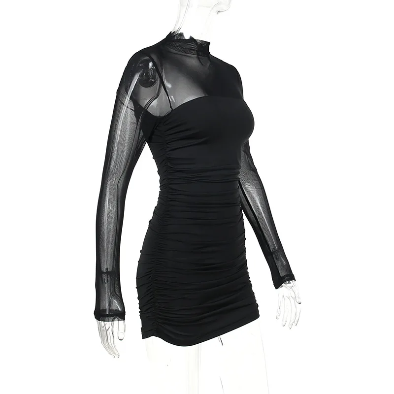 S9b05690473024c559fefea8c10b80edad See Through Black Bodycon Dress For Women Clothing Slim Sexy Streetwear Long Sleeve Vestidos De Mujer Patchwork Fashion Outfits