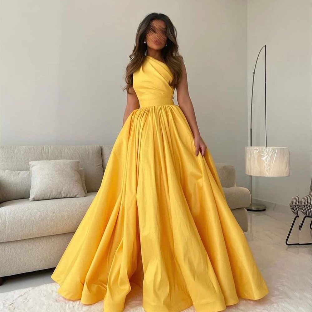 Golden Satin Arabic Evening Dress Sleeveless One Shoulder Formal Event Party Prom Gowns Pleats Duvai Celebrity Dress AliExpress