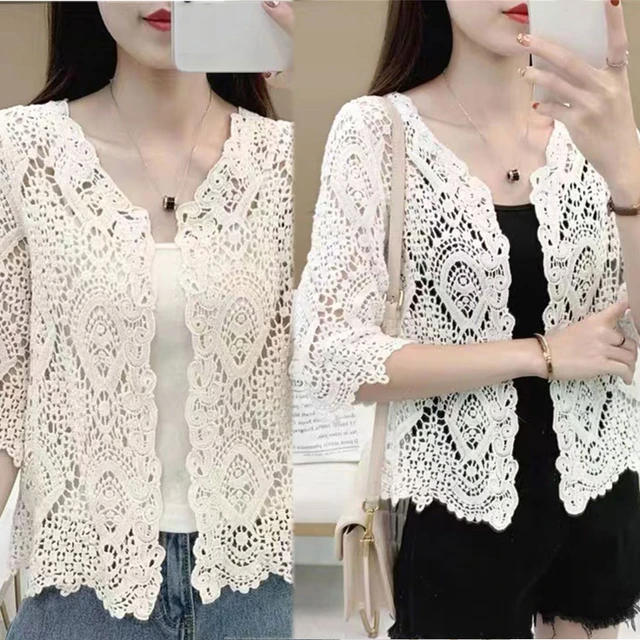 Women Summer Knitted Lace Shrug Boho Hollow Crochet Floral 3/4
