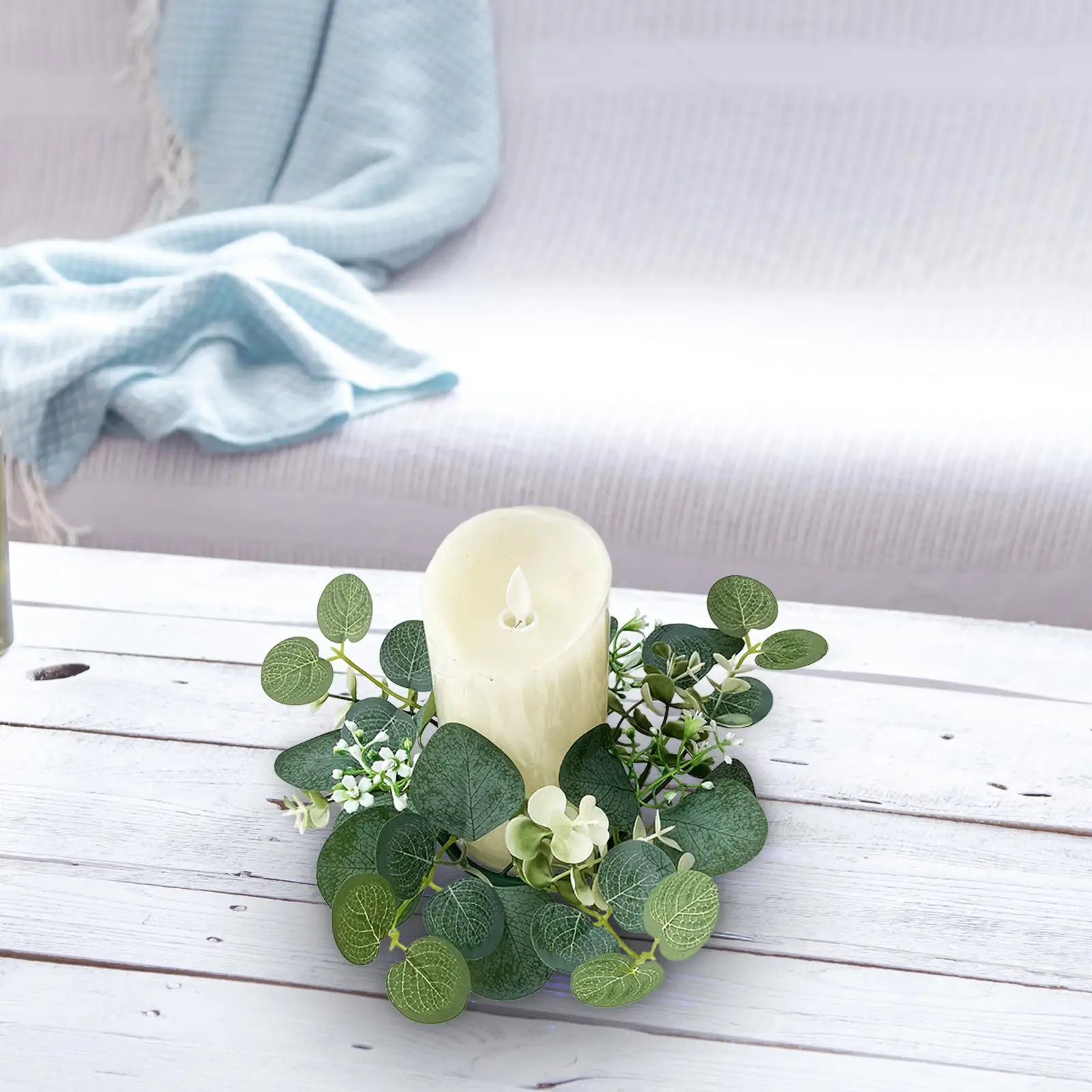 Candle Ring Artificial Eucalyptus Leaves Wreath Home Decor 9.8inch Small Boho Wreath for Farmhouse Kitchen Door Dining Room