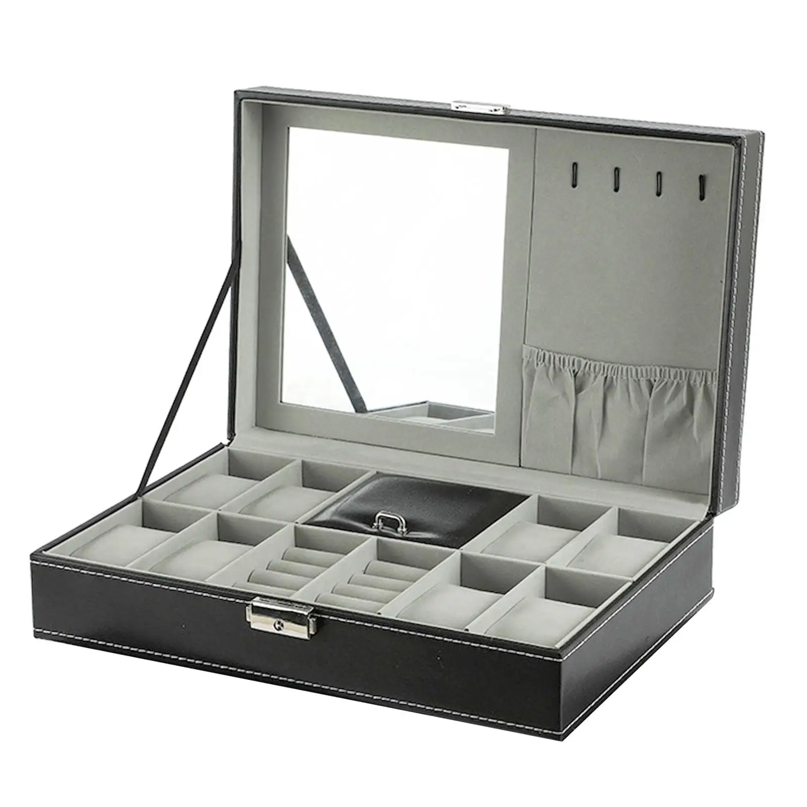 Jewelry Organizer Box PU Leather with Mirror Jewellery Display Holder Watch Storage Case for Necklaces Watches Pendants Earrings