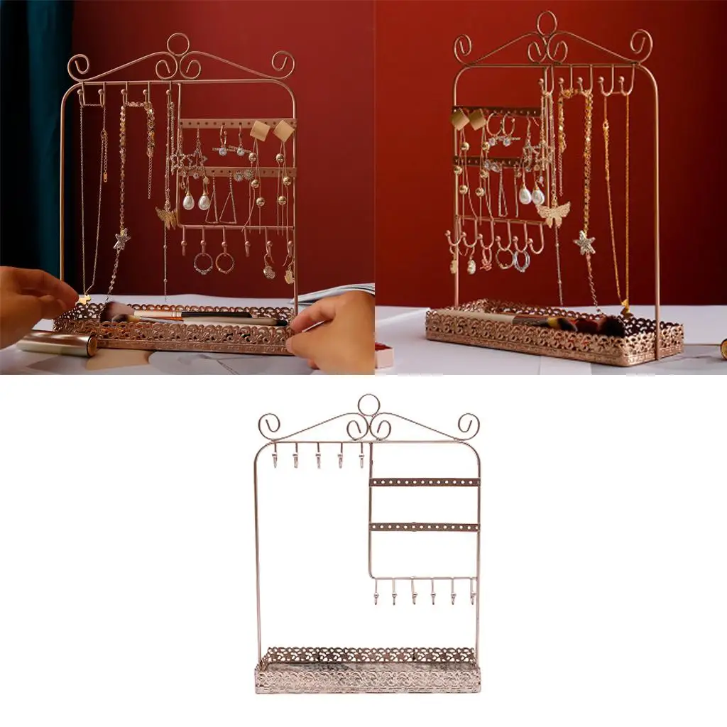 European  Alloy Jewelry Storage Display  Large Capacity, 28 Holes for Earrings, 11 Hooks for Rings and Necklaces
