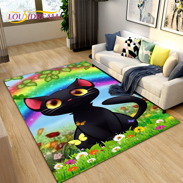 3D Black Cat Kitchen Floor Rug Non-slip Modern Carpet For Living