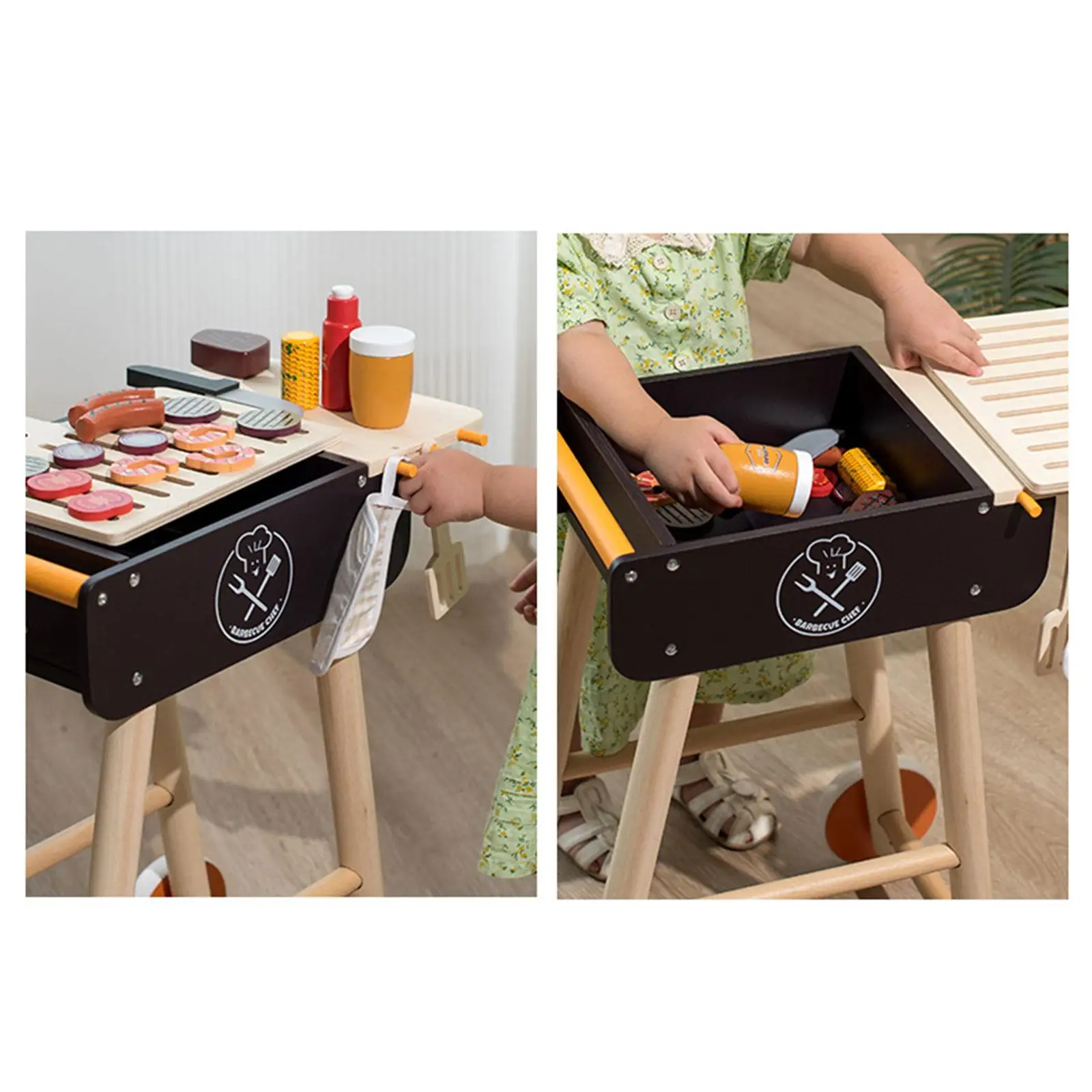 Realistic Wooden Toy BBQ Set Role Playing Toy Learning Educational Toy Barbecue Grill Toy Cooking Playset for Boy Girls Kids