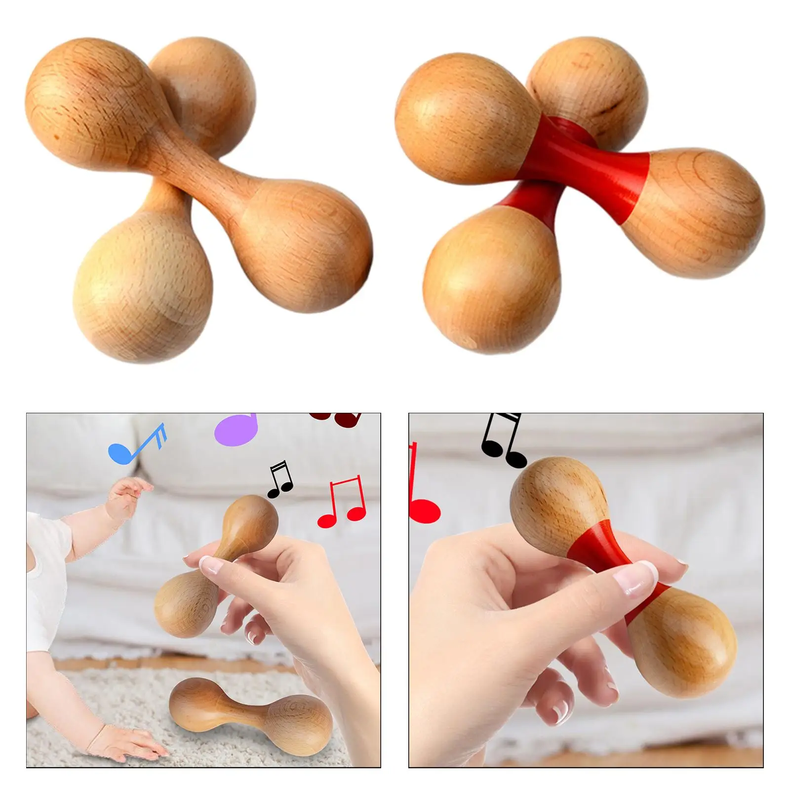 2x Sand Hammer Dual Heads Practical Maracas Egg Shaker Developmental Wood Professional Music Shaker Percussion Toy for Children