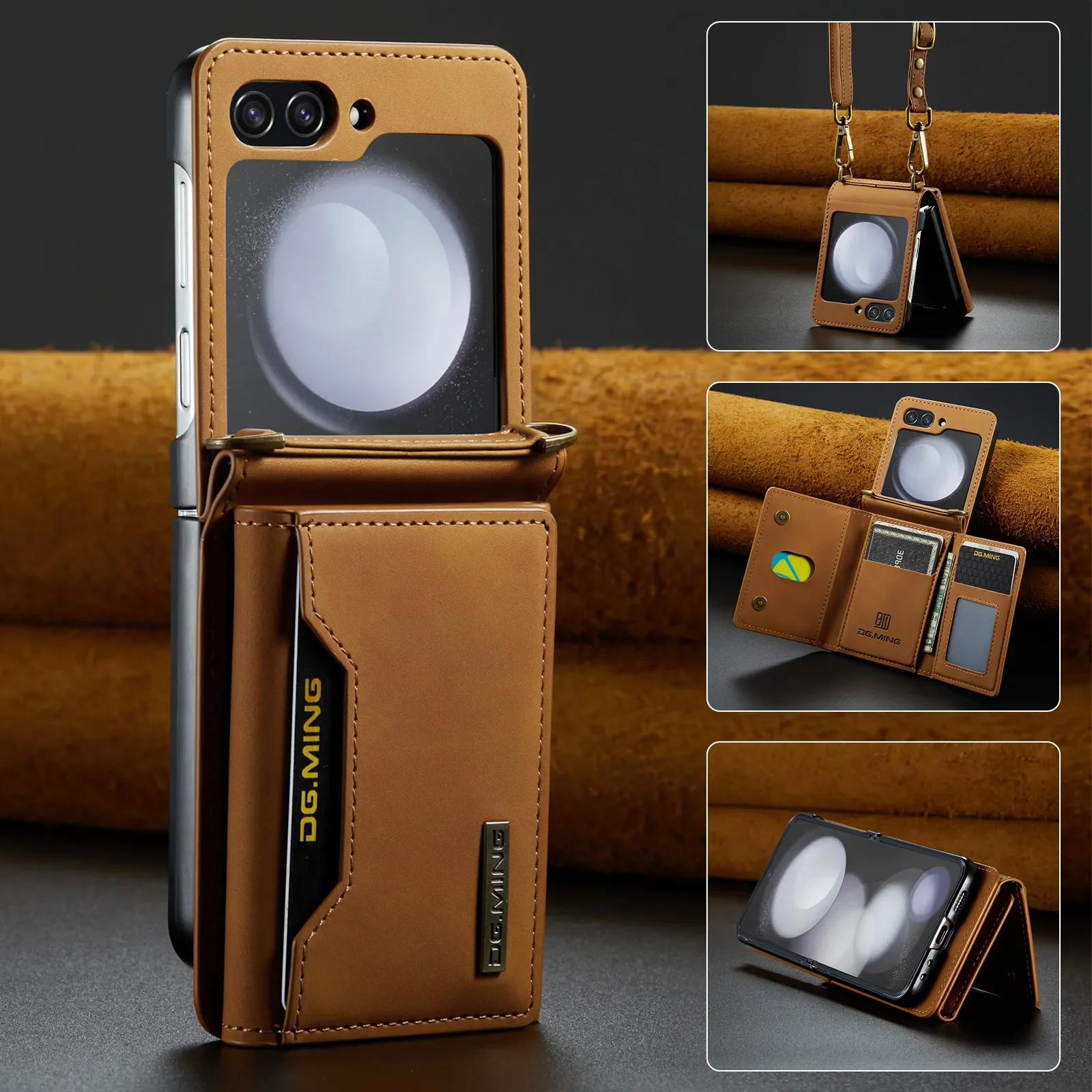 Leather Card Holder Wallet Samsung Galaxy Galaxy Z Flip Series With Removable Shoulder Strap