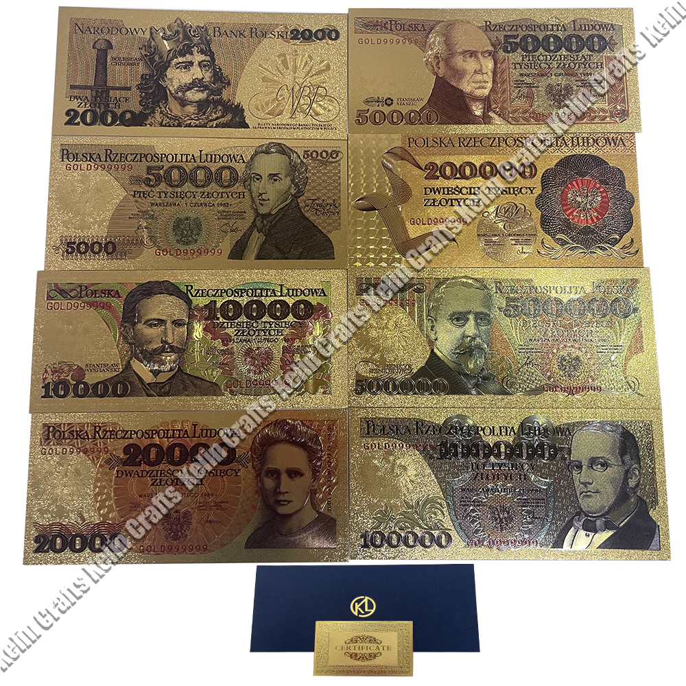 Description Picture 2 of itemNew 10 Designs Poland Gold Banknotes 2000 5000 10000 20000 50000 100000 200000 500000 PLN for Partriotism Crafts Collection Gift