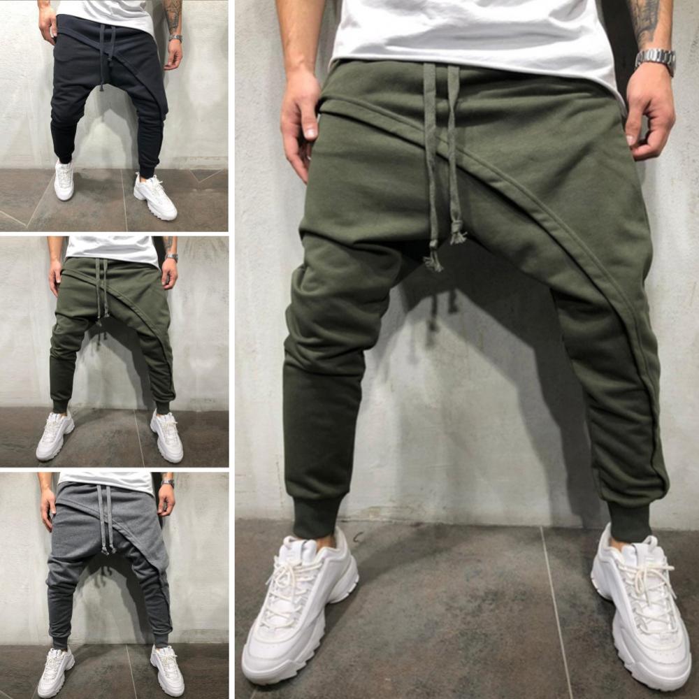 Description Picture 5 of itemSolid Color Pant Pants Sporty Long Men Drawstring Asymmetric Double Layer Running Pants