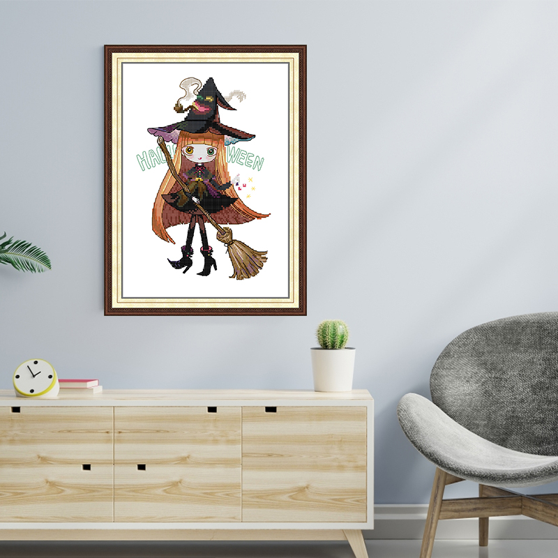 Zauberin Muster Kreuzstich Kit Joy Sunday Aida 16CT 14CT 11CT gezählt bedruckte Leinwand DIY Stickerei Kit Halloween Dekor Neu – Detail 3