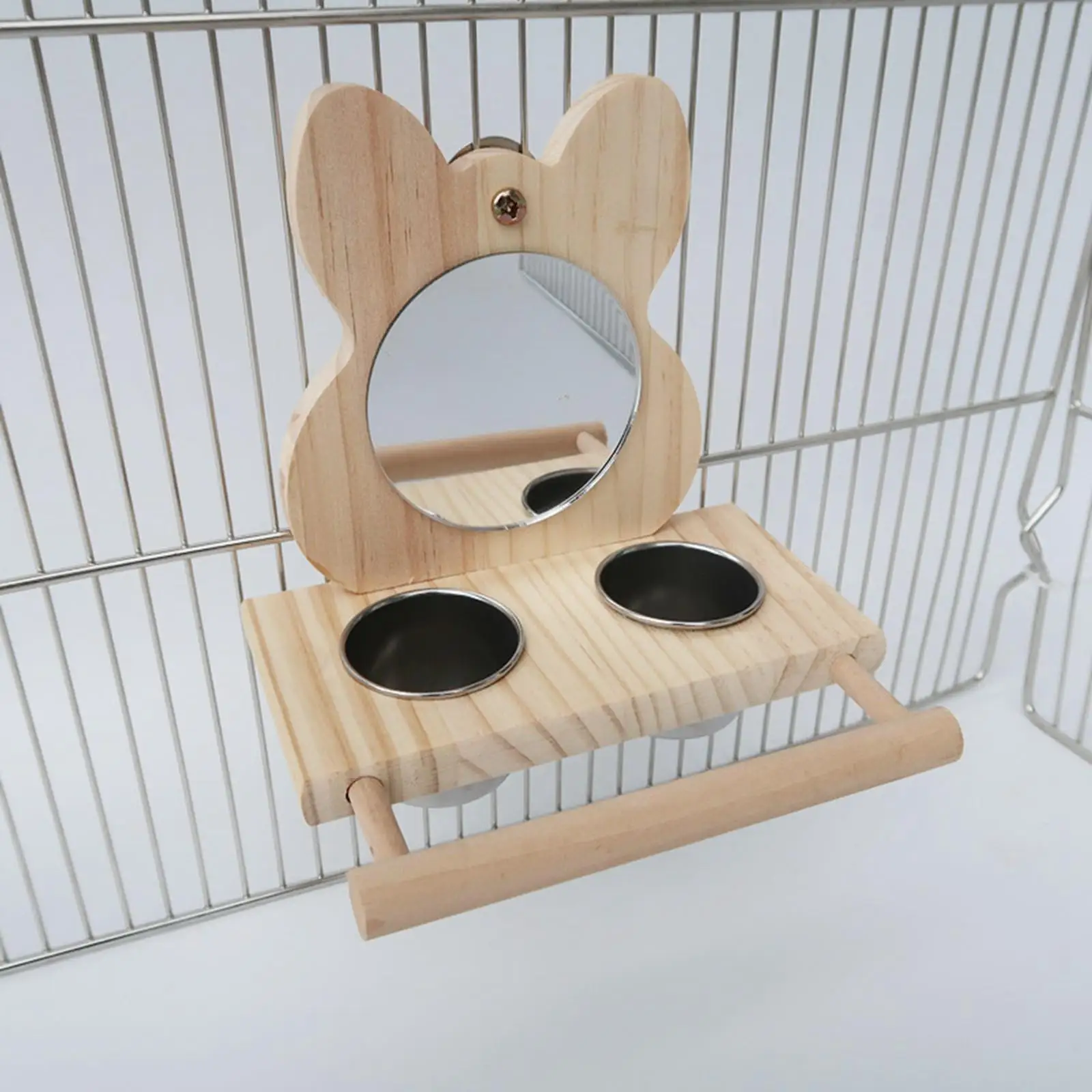 Parrots Mirror Feeder Cups Wooden Frames Wooden Perches Feeding Racks Dish Wooden Stands Water Bowl for Budgie Finch Toys