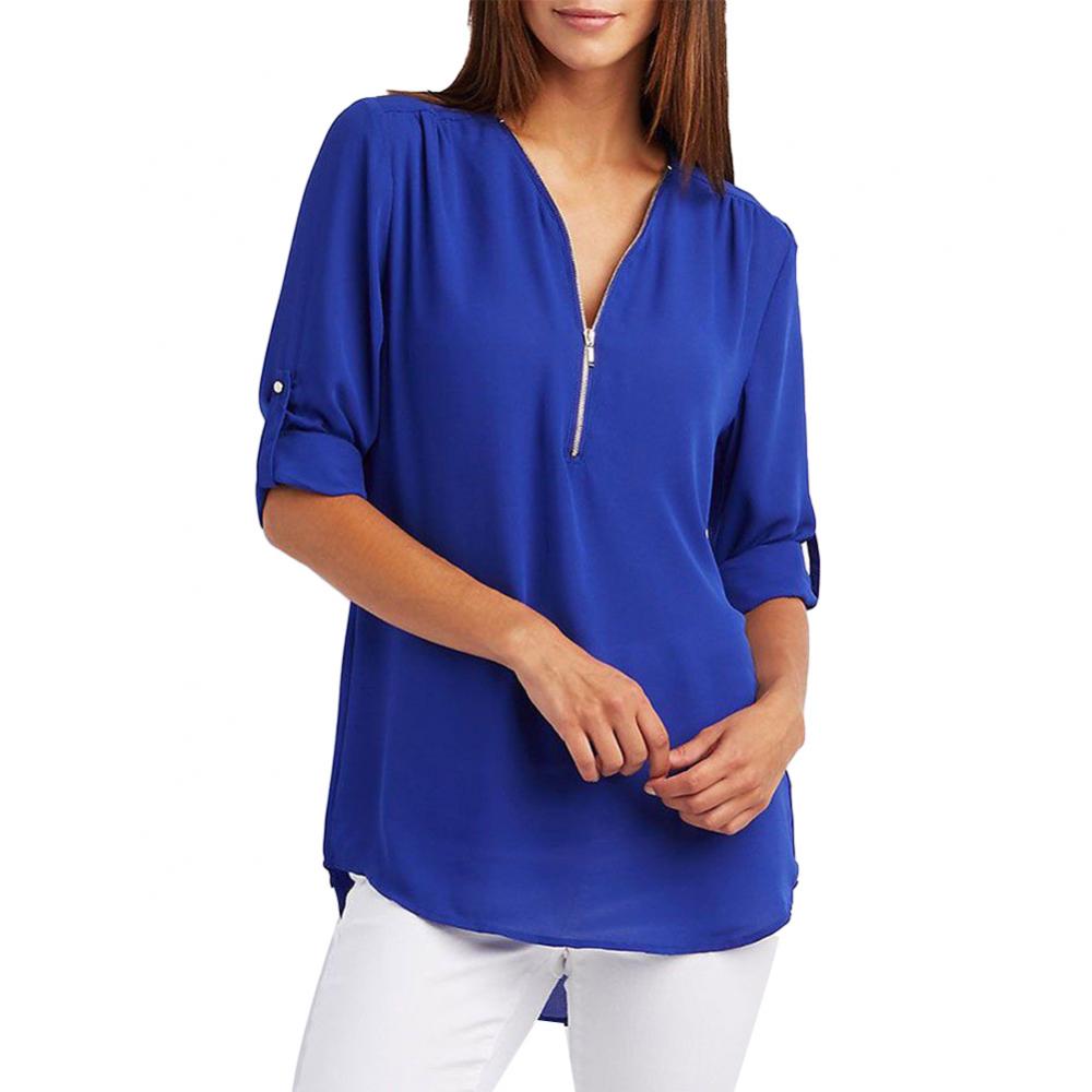 Title 19, Casual Office Lady Blouses Sexy Solid Color Zip...