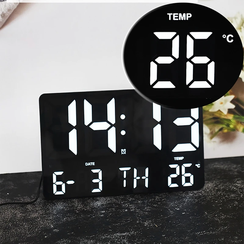 LED Digital Wall Clock Large Screen Temperature Date Day Display Electronic LED Clock with Remote Control Living Room Decoration