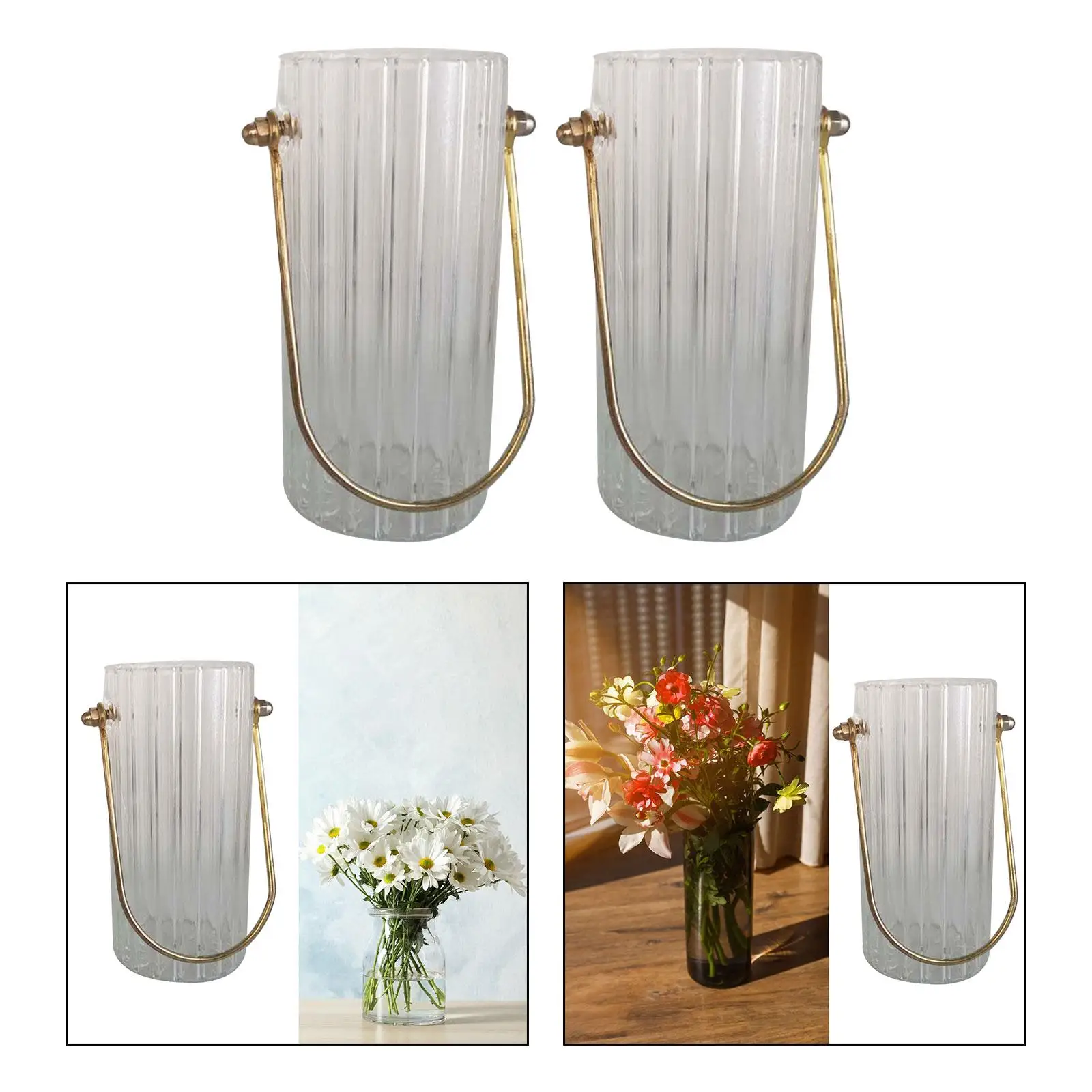 Clear Cylinder Glass Flower Vase with Metal Handle Sturdy Round Thickened Hand Blow for Indoor Office Desk,Bathroom Multipurpose