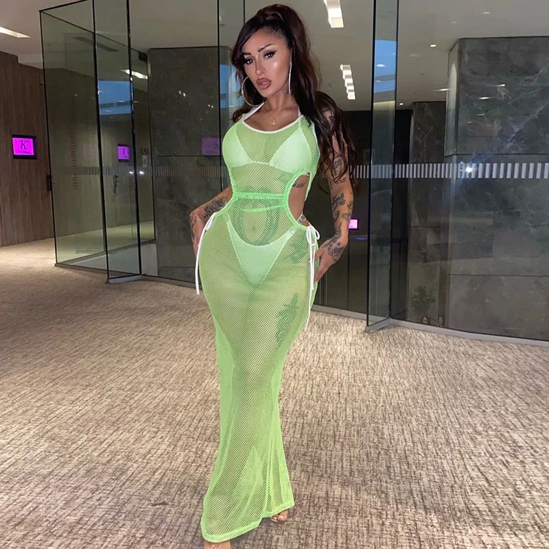 2022 Summer Bikini Cover Ups Women Sleeveless Fishnet Mesh Hollow Out Club Beach Sexy Maxi Dress See Through Swimwear Cover-ups bathing suits with matching cover ups
