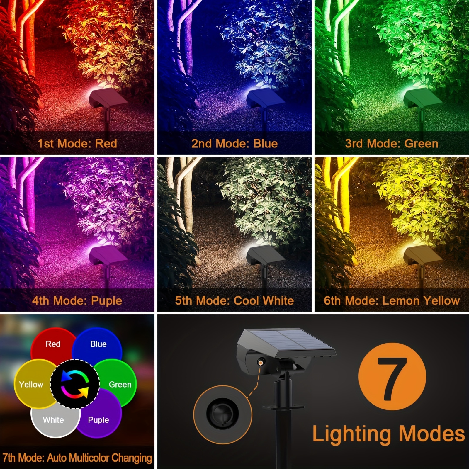 Waterproof Landscape Spotlights, Crepúsculo ao Amanhecer, 7 Modos, Natal, Pátio, Jardim