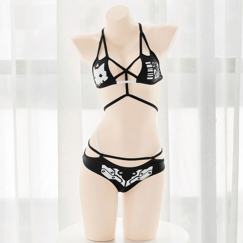 Anime Game Cyber Machinery Women Cosplay Costume Black Cat Bikini Bar Mecha Print Personality Jumpsuits Swimsuit Lingerie Set