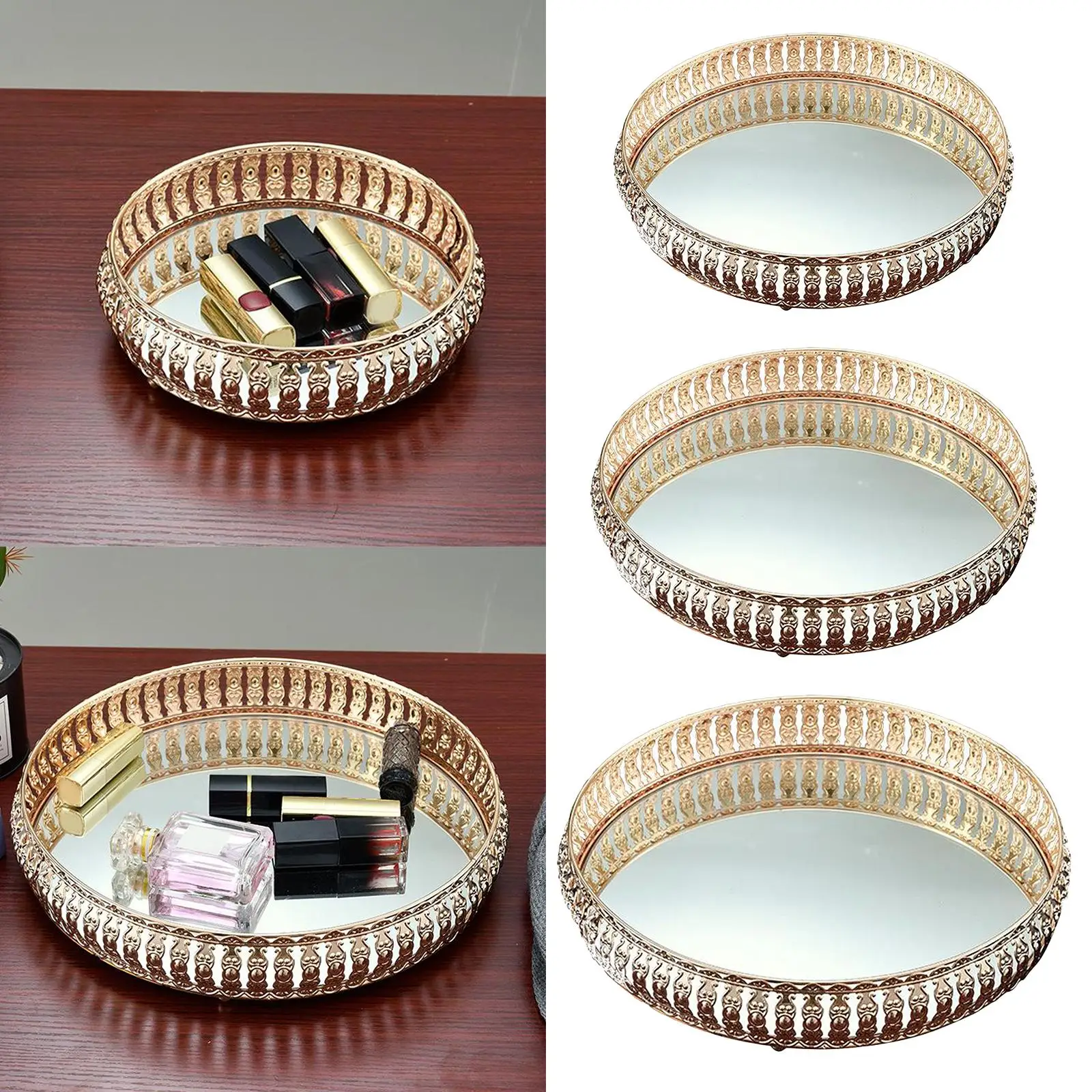 Round Mirrored Crystal Iron Cosmetic Perfume Organizer Tray Cake Display Decor