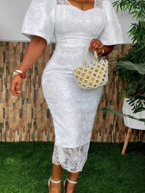 Elegant African Women White Lace Dress Puff Sleeve Embroidery Pencil Large  Size 4XL Ladies Wedding Birthday Evening Clothes - AliExpress