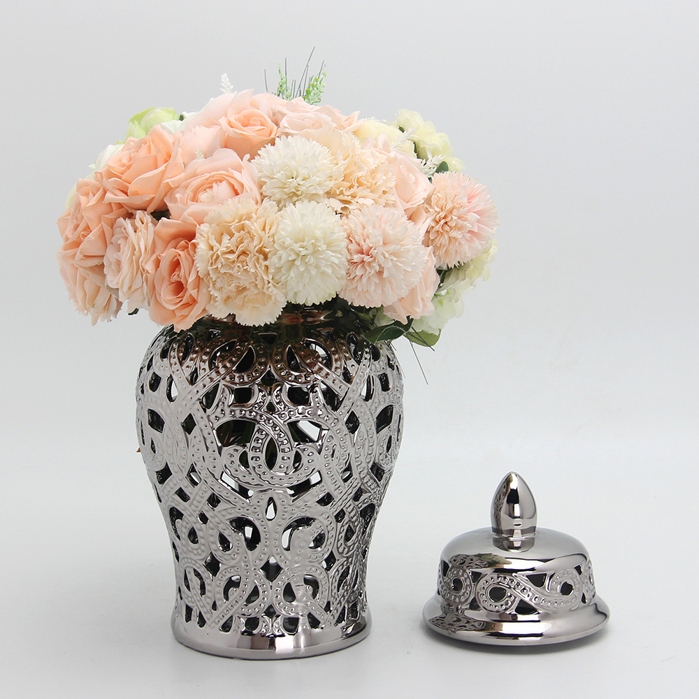 Chinese style silver-plated ceramic hollow universal jar home decoration living room desktop vase universal storage jar with lid