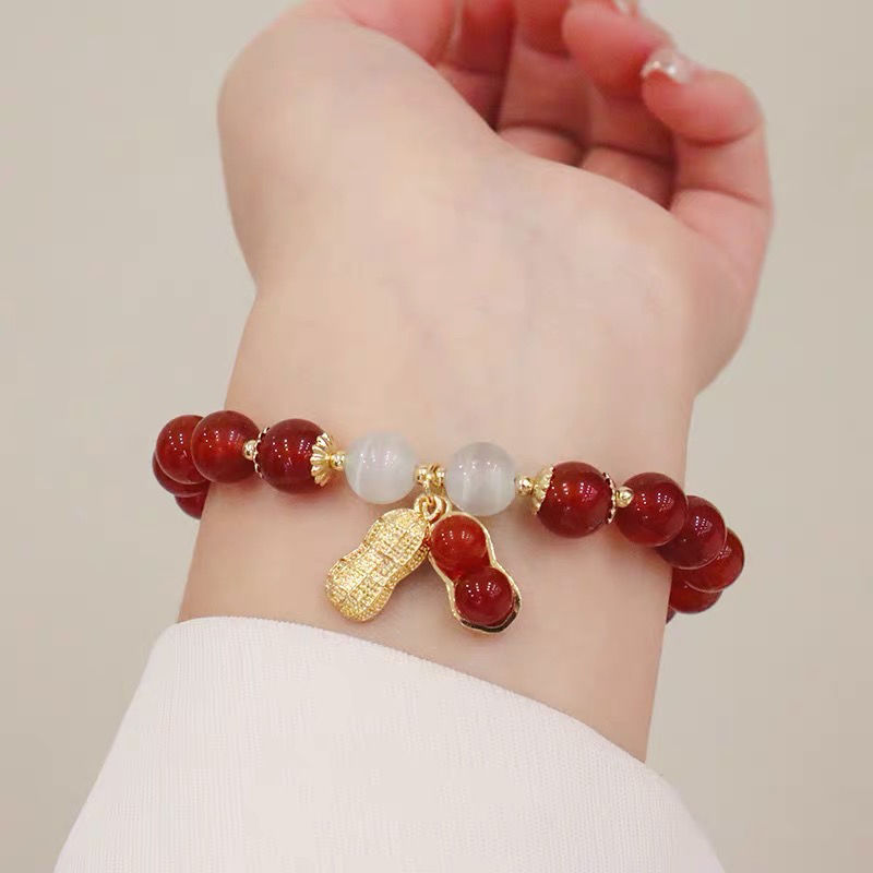 New Year Lucky Beaded Bracelet Elegant Red Beads Peanut Pendant Charm Bangle Chinese Style Jewelry For Women Festival Gifts