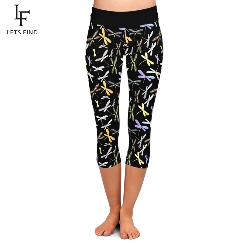 gymshark leggings LETSFIND High Waist Women's Leggings 3D Dragonfly Print Capri Leggins Summer Soft Fitness Mid-Calf 3/4 Stretch Pants Plus Size legging